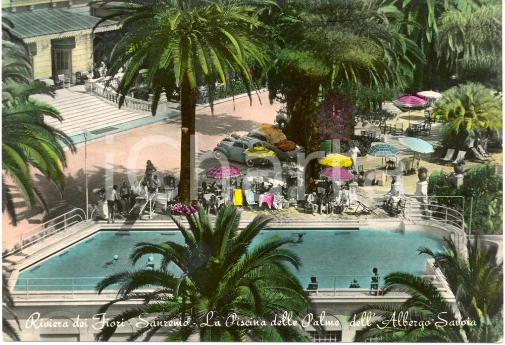 Cartolina originale da collezione 1954 SANREMO IM La Piscina delle PALME Albergo SAVOIA Cartolina ANIMATA FG VG 1