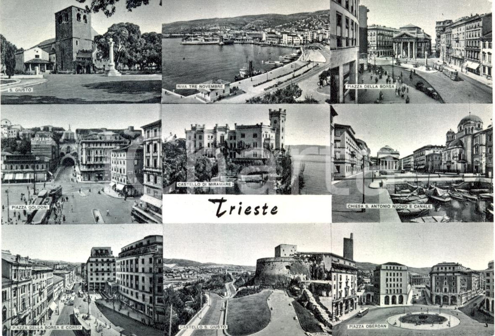 Cartolina originale da collezione 1962 TRIESTE Vedutine MIRAMARE RIVA 3 NOVEMBRE Piazza BORSA Cartolina FG VG 1