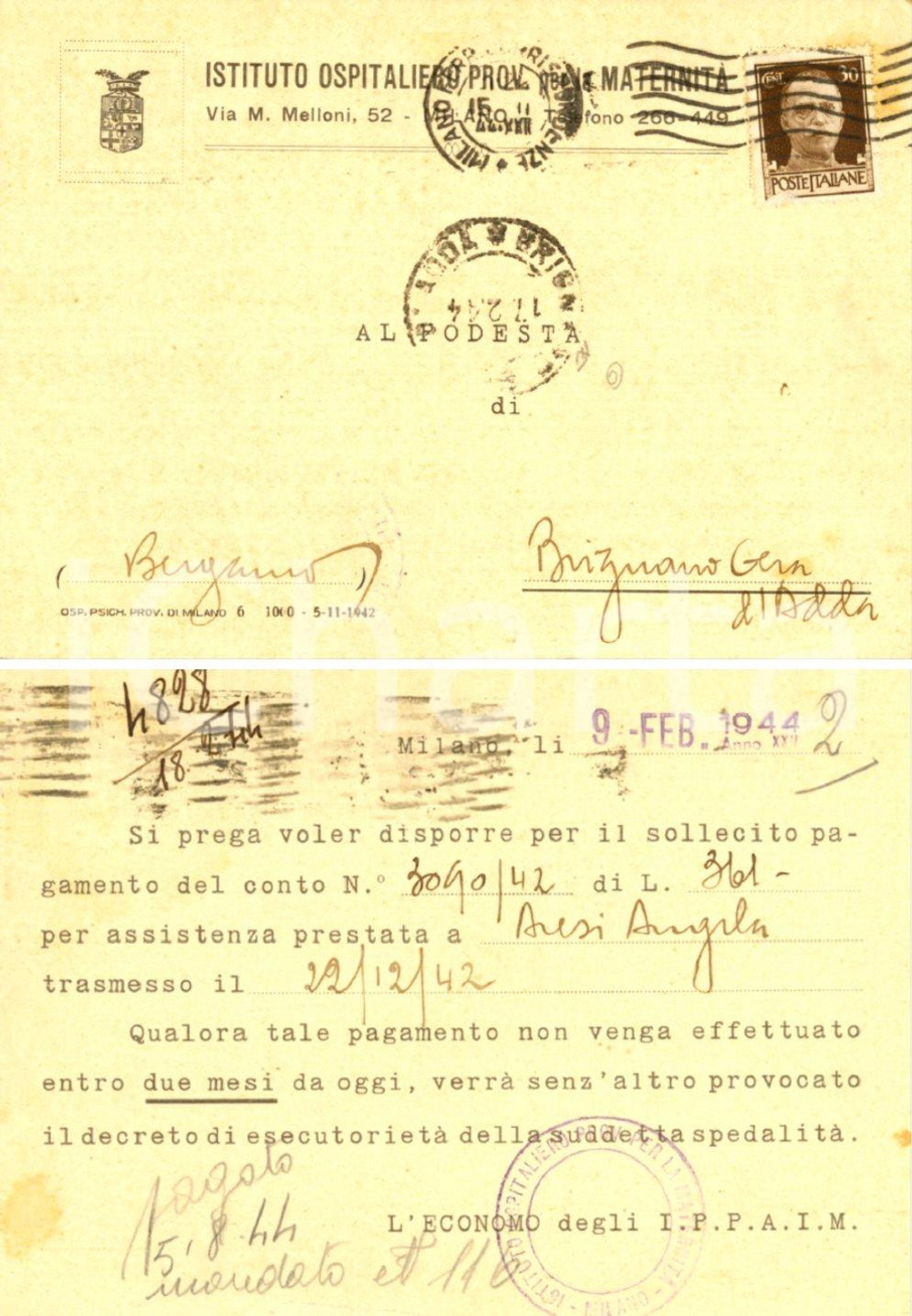Cartolina originale da collezione 1944 MILANO Istituto Ospedaliero Provinciale MATERNITA' Cartolina FG VG 1