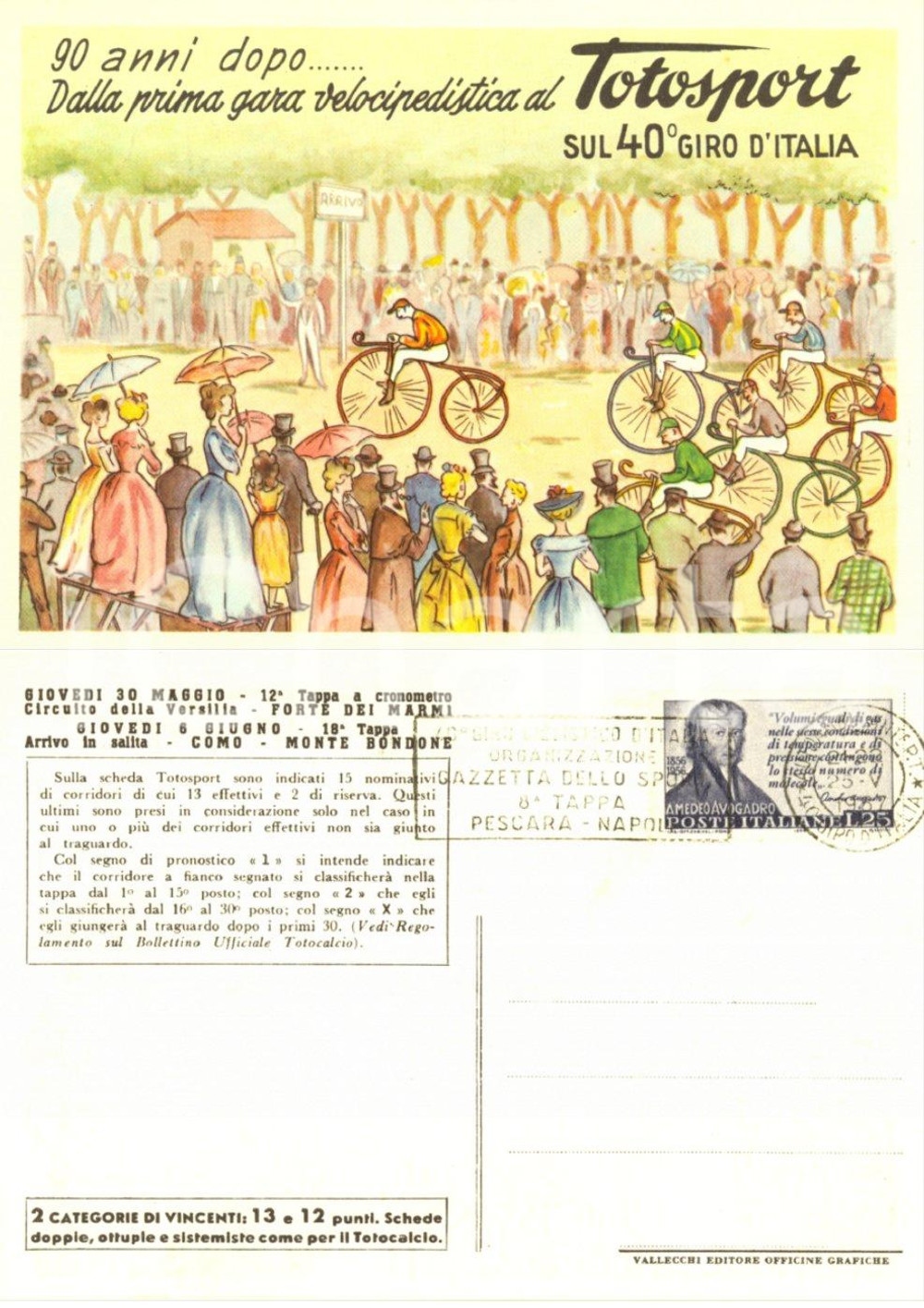 Cartolina originale da collezione 1957 40Â° GIRO D'ITALIA TOTOSPORT annullo 8^ tappa *Cartolina illustrata FG NV 1