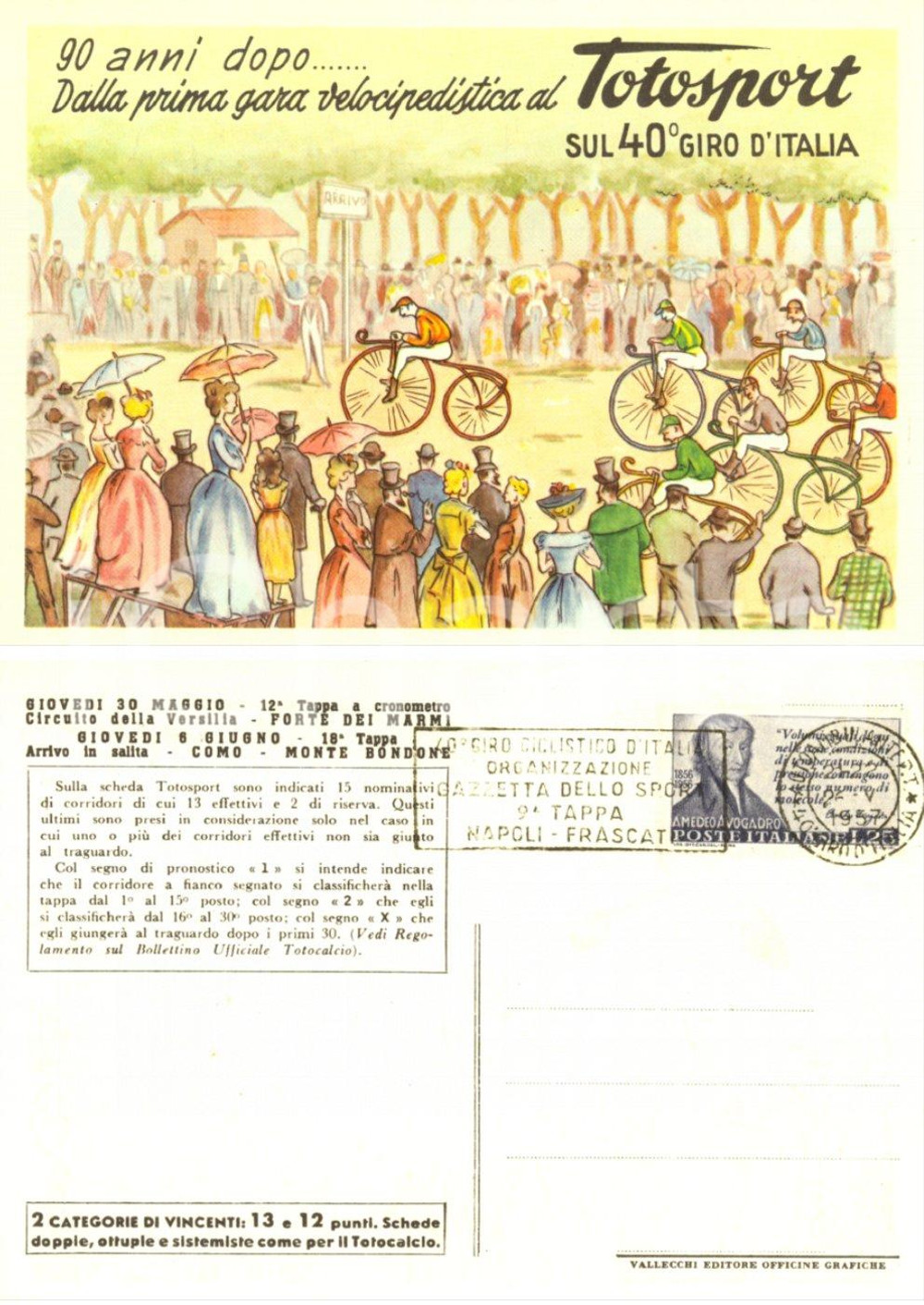 Cartolina originale da collezione 1957 40Â° GIRO D'ITALIA TOTOSPORT annullo 9^ tappa *Cartolina illustrata FG NV 1