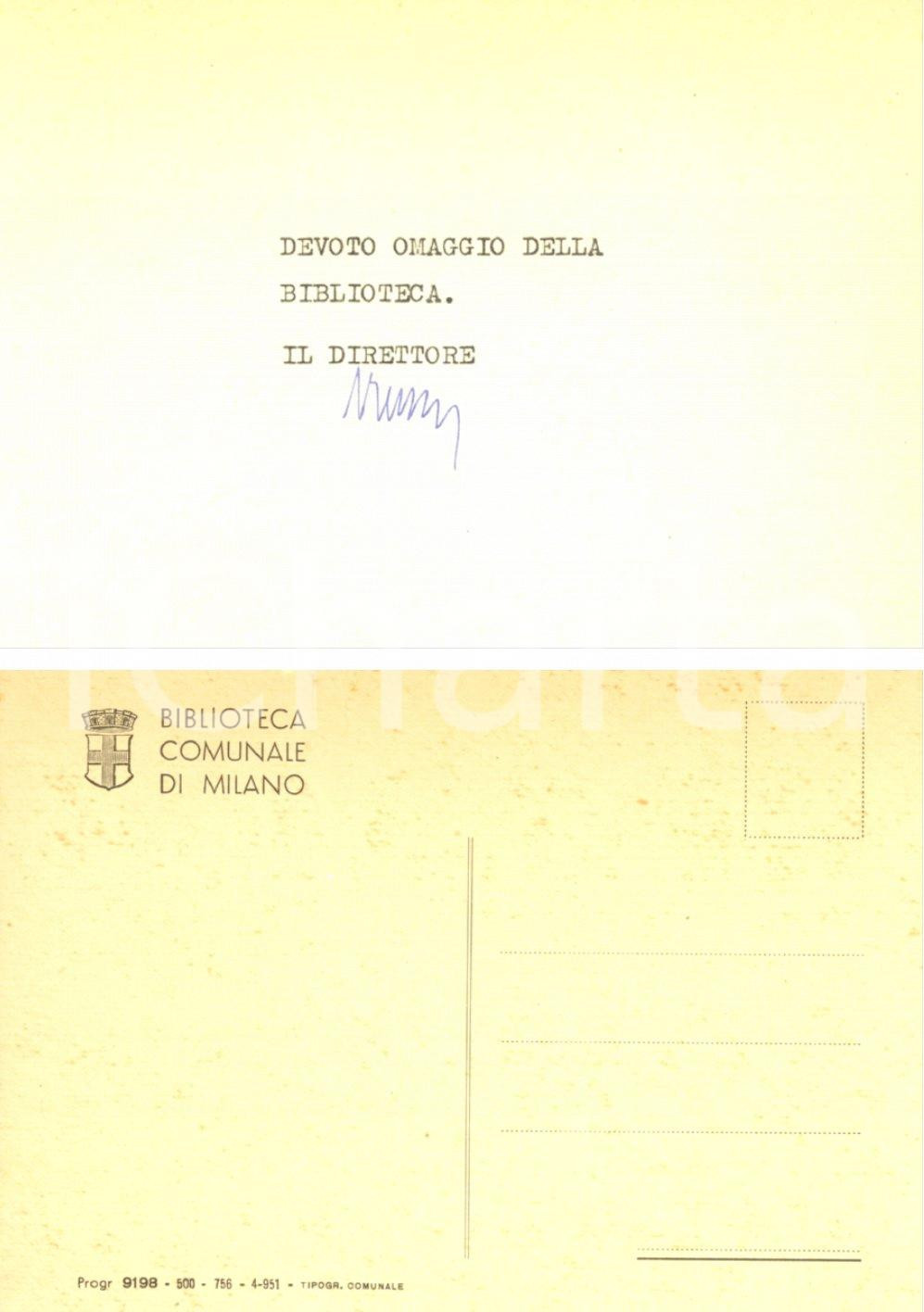 Autografo originale 1951 MILANO BIBLIOTECA COMUNALE Cartolina autografo direttore Giovanni BELLINI 1