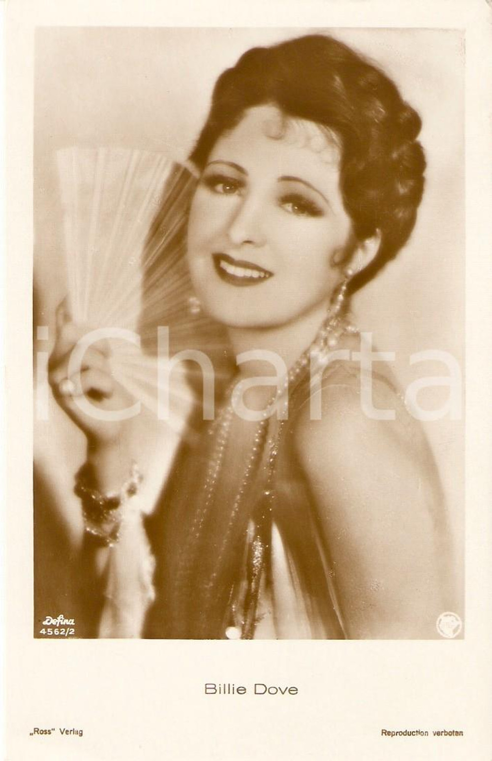 Cartolina originale da collezione 1930 ca CINEMA Attrice Billie DOVE Ritratto con ventaglio *Cartolina FP NV 1