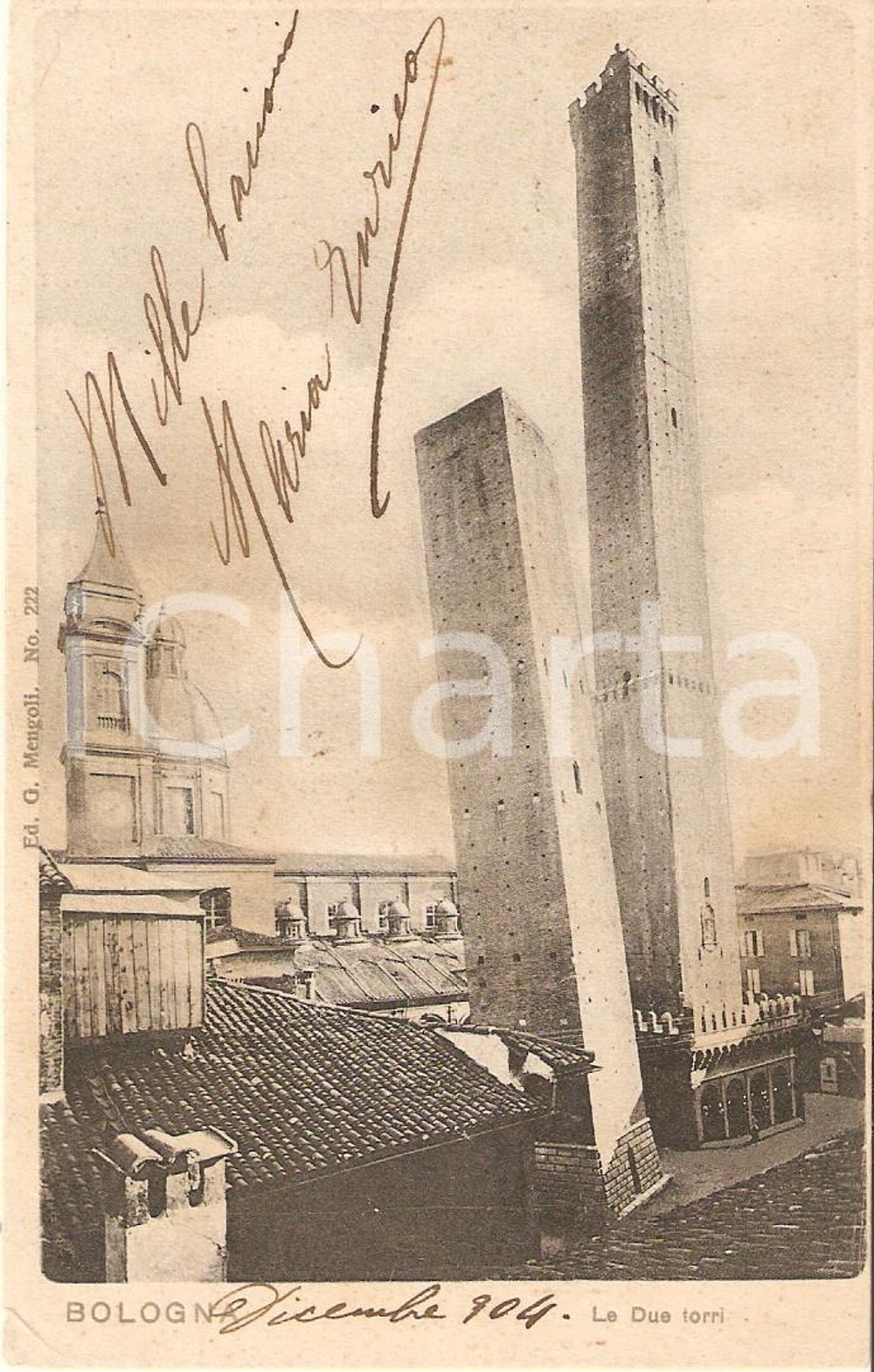 Cartolina originale da collezione 1904 BOLOGNA, vista due Torri - Ed. Mengoli no 222 1