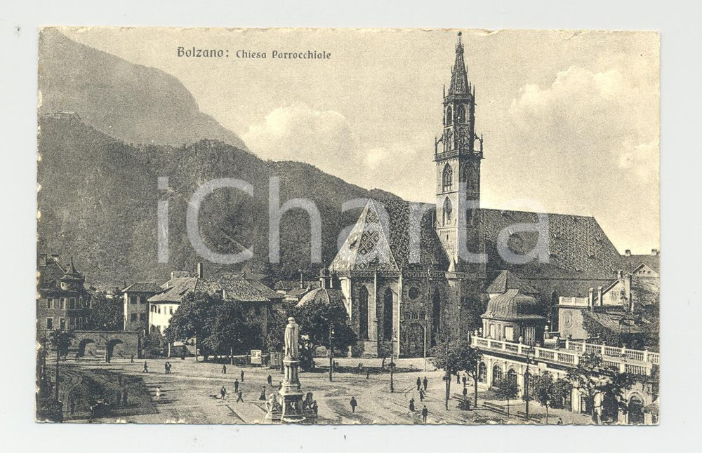 Cartolina originale da collezione Bolzano anni  30, Chiesa Parrocchiale Animata 1