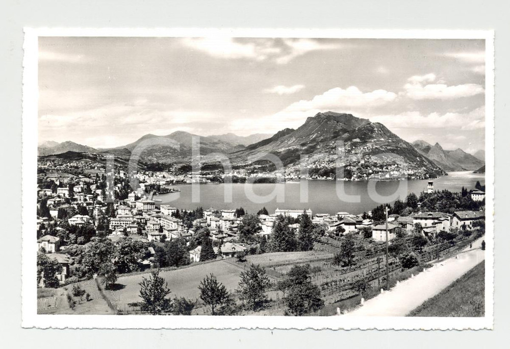 Cartolina originale da collezione Lugano anni '30, veduta lungolago e Monte BrÃ¨ 1
