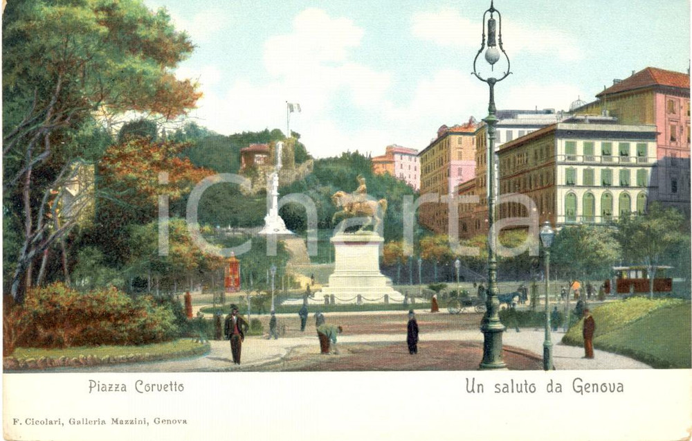 Cartolina originale da collezione 1900 ca GENOVA Piazza CORVETTO *Cartolina postale ANIMATA FP NV 1