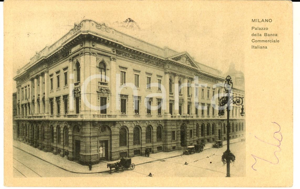 Cartolina originale da collezione 1926 MILANO Palazzo Banca Commerciale Italiana *Cartolina ANIMATA carrozza 1