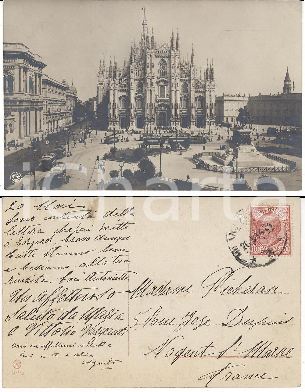 Autografo originale 1914 MILANO Maria e Vittorio VERGANTI all'amica PICHERON *Cartolina FP VG 1