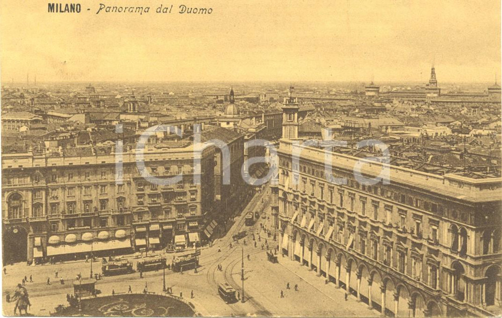 Cartolina originale da collezione 1910  MILANO Veduta aerea dal DUOMO con tram *Cartolina postale ANIMATA FP VG 1