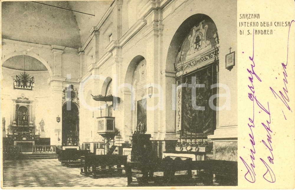 Cartolina originale da collezione 1903 SARZANA (SP) Interno della chiesa di SANT'ANDREA *Cartolina FP VG 1