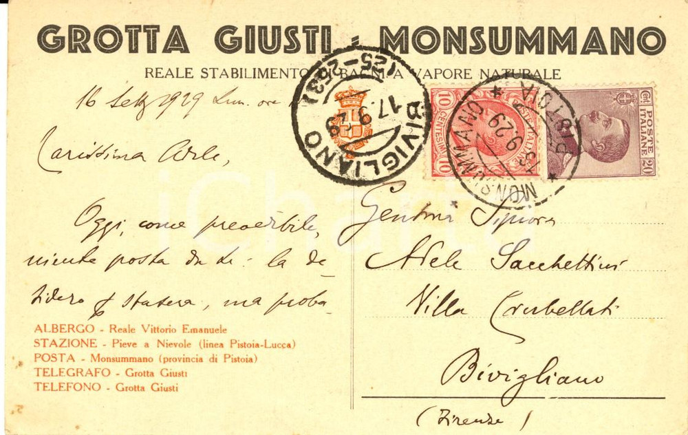 Cartolina originale da collezione 1929 MONSUMMANO TERME (PT) Grotta GIUSTI Bagni a vapore 1