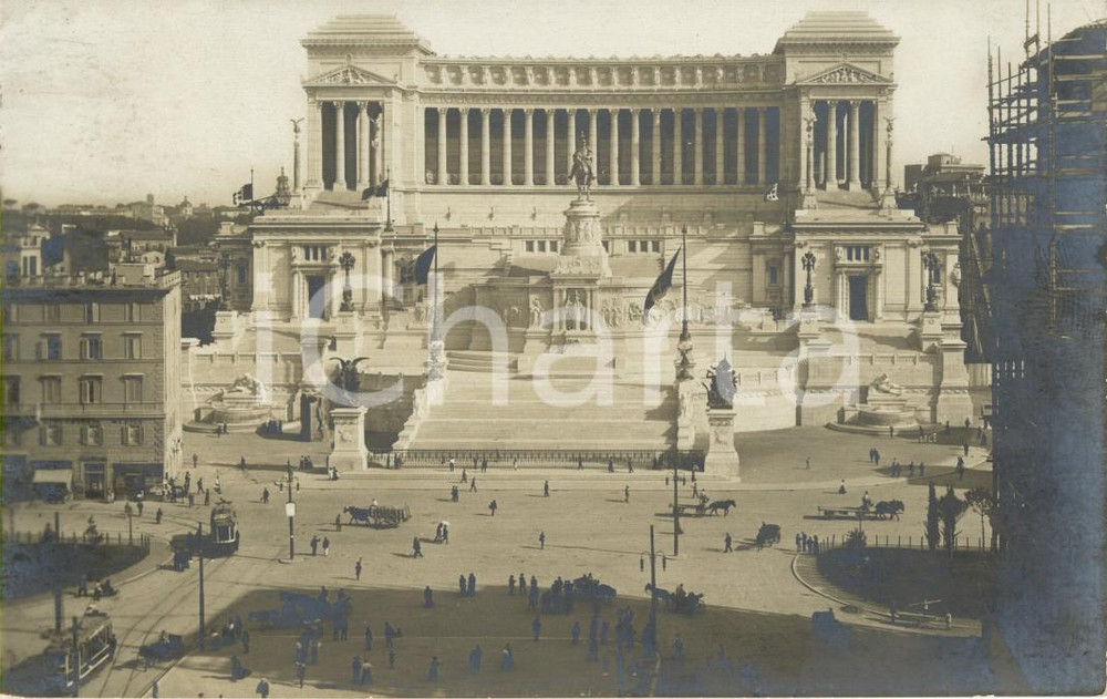 Cartolina originale da collezione 1911 ROMA Monumento a VITTORIO EMANUELE II *Cartolina ANIMATA con tram e calessi 1