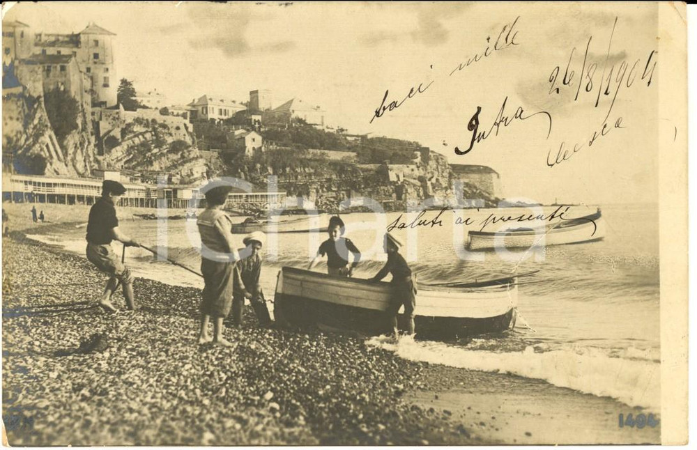 Cartolina originale da collezione 1904 COSTUMI LIGURIA Bambini tirano una barca in riva al mare *Cartolina 1