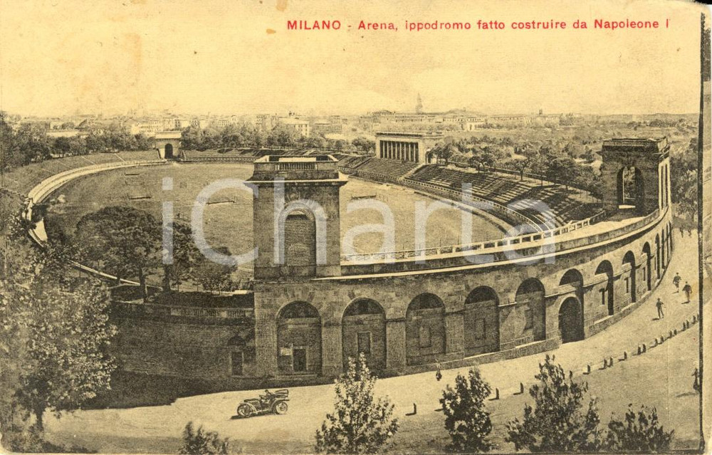Cartolina originale da collezione 1917 Milano Vecchia - Arena *Animata con Auto 1
