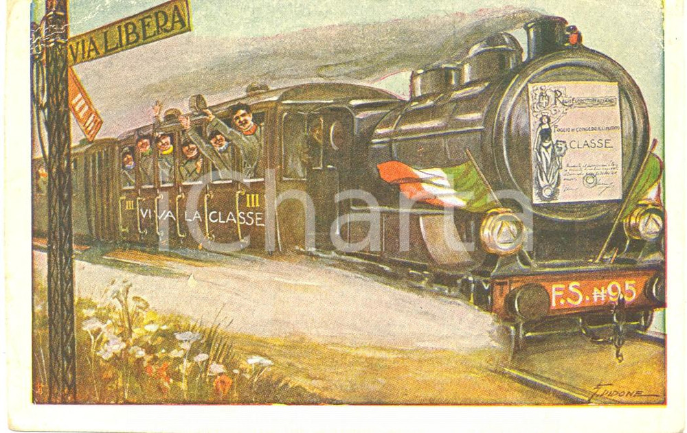Cartolina originale da collezione Viva la Classe '95, congedo, treno, illustr. G. DIDONE 1