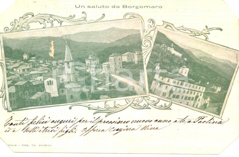 Cartolina originale da collezione 1902 BORGOMARO (Imperia) Vedutine con Chiesa Parrocchiale *Cartolina DANNEGGIATA 1