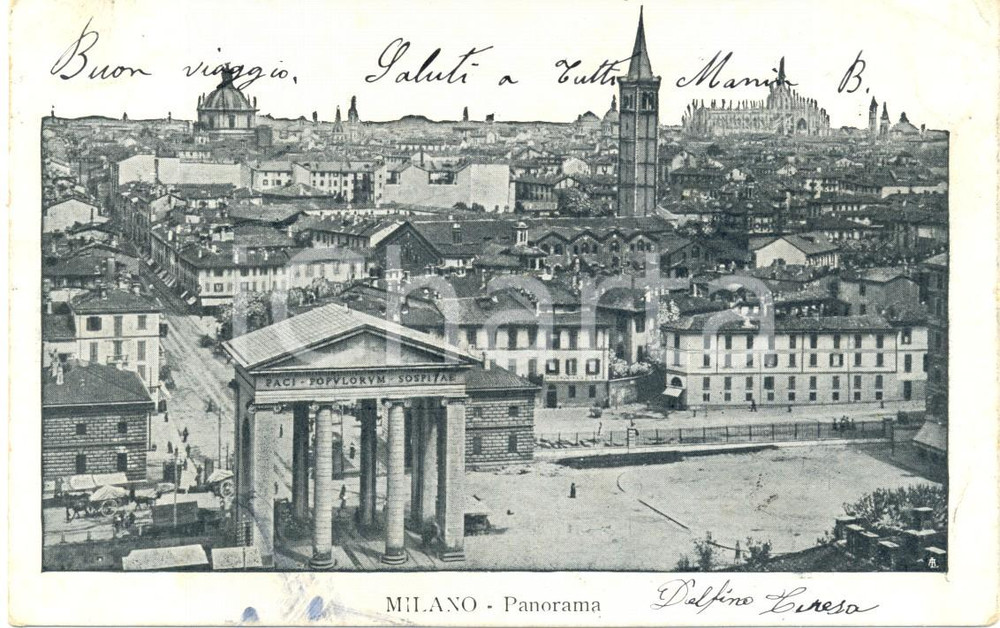 Cartolina originale da collezione 1904 MILANO Veduta panoramica con Porta TICINESE Cartolina postale ANIMATA FP VG 1