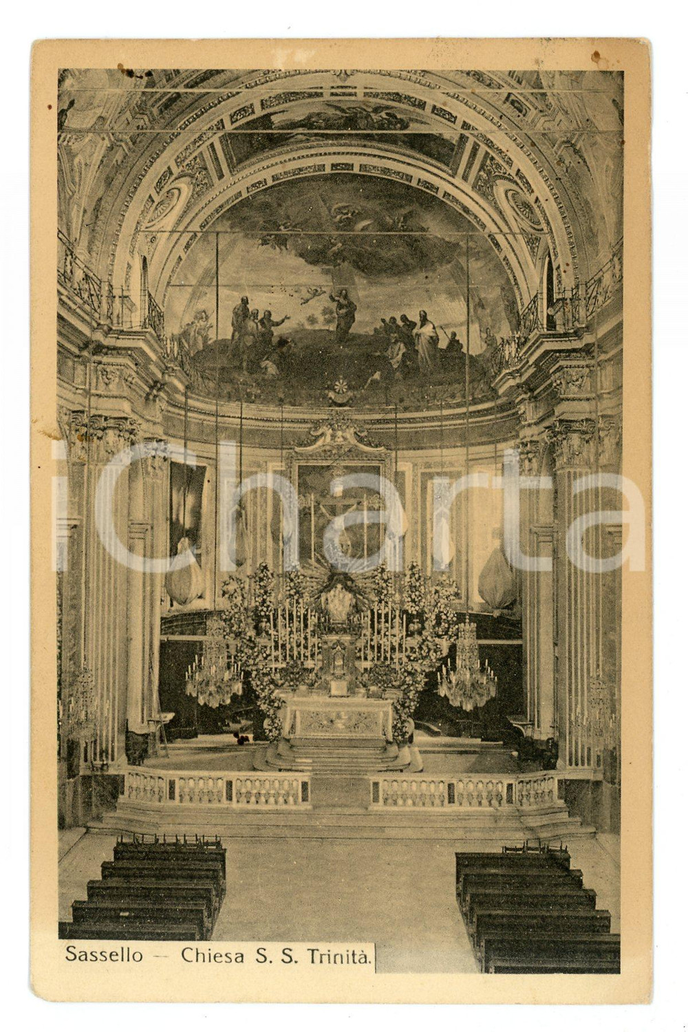 Cartolina originale da collezione 1917 SASSELLO Interno chiesa SS. TrinitÃ  FP VG 1