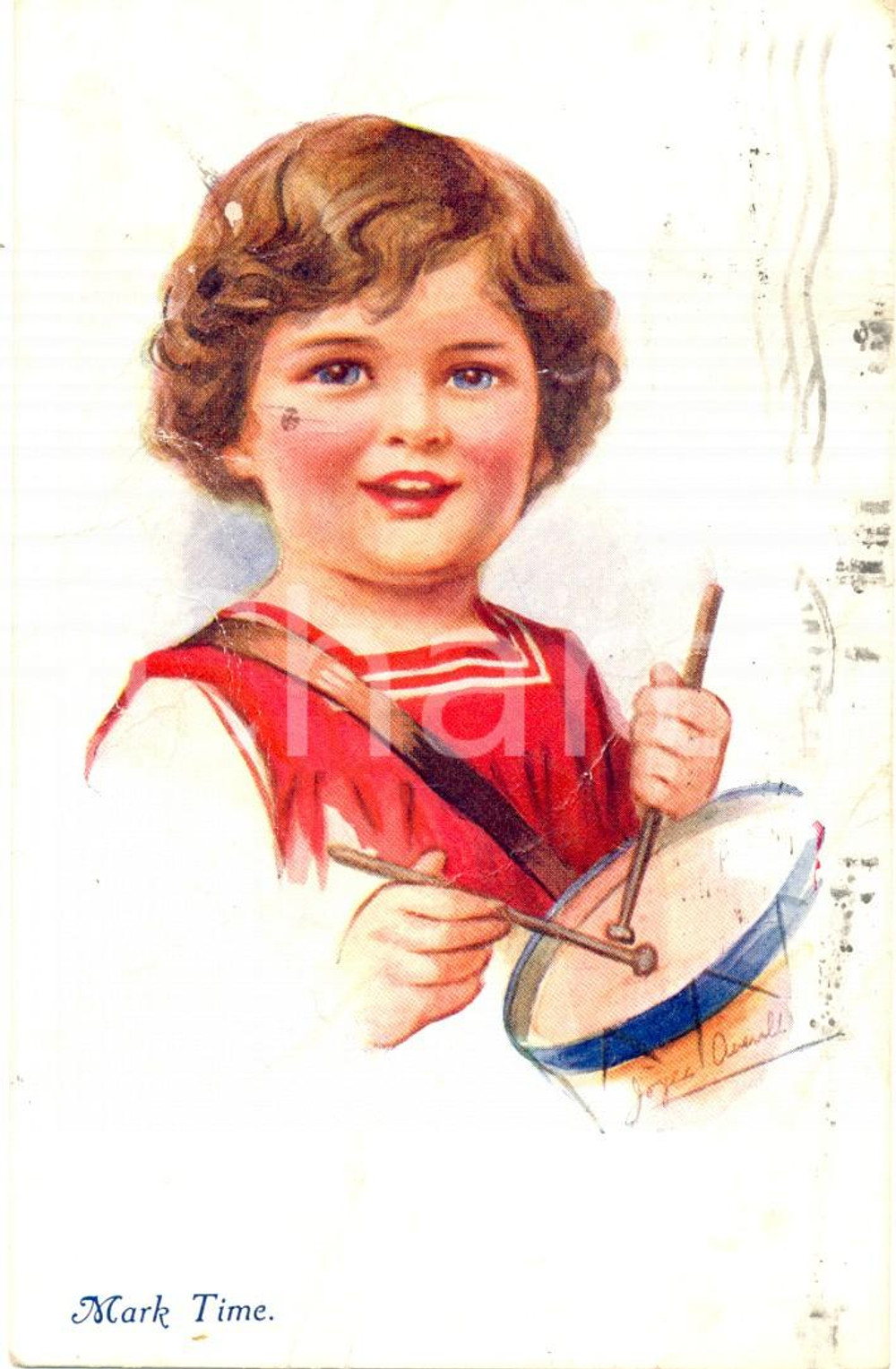 Cartolina originale da collezione 1919 Bambino con tamburello MARK TIME *Cartolina ILLUSTRATA DANNEGGIATA FP VG 1