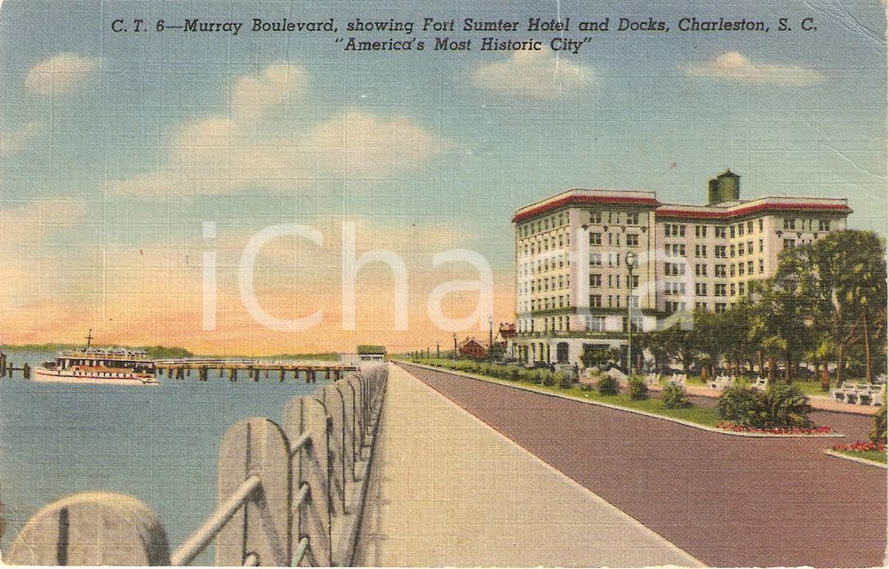 Cartolina originale da collezione 1956 CHARLESTON (USA) Murray Boulevard FORT SUMTER HOTEL and docks *Cartolina 1