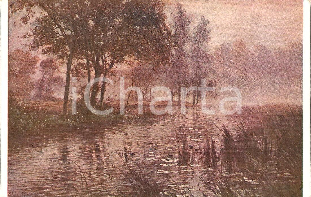 Cartolina originale da collezione 1925 ca Albert-Gabriel RIGOLOT - Lever de soleil en automne *Cartolina postale 1