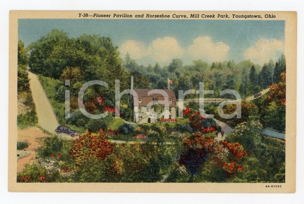 Cartolina originale da collezione 1955 ca YOUNGSTOWN (USA) Mill Creek Park Pioneer pavilion Horseshoe curve *FP NV 1