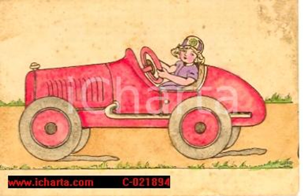 Cartolina originale da collezione 1920 ca AUTOMOBILISMO Bambina pilota al volante *Cartolina DISEGNATA A MANO FP 1