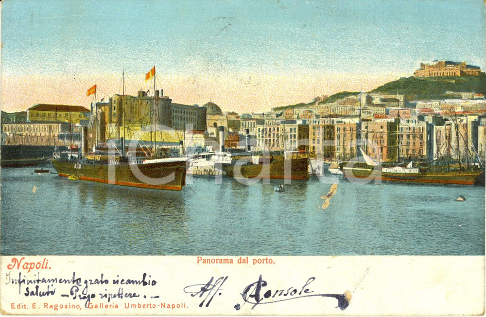 Cartolina originale da collezione 1910 ca NAPOLI Veduta panoramica del porto con navi alla fonda *Cartolina FP VG 1
