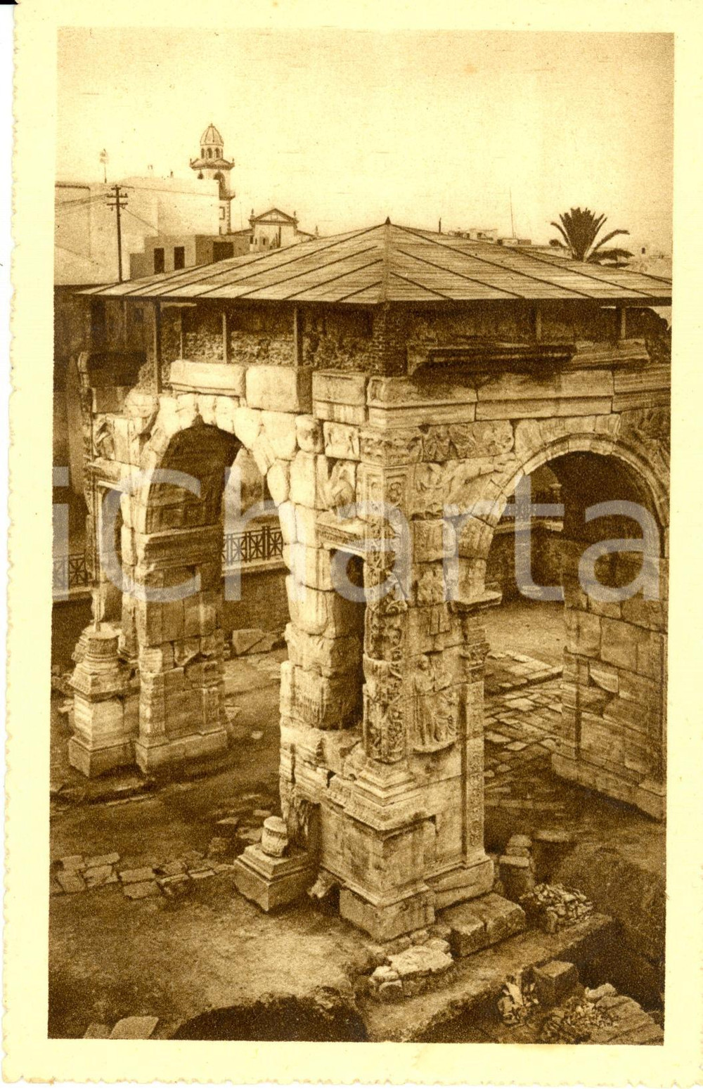 Cartolina originale da collezione 1930 ca TRIPOLI Arco Marco Aurelio Cartolina MISSIONE FRANCESCANA LOMBARDA 1