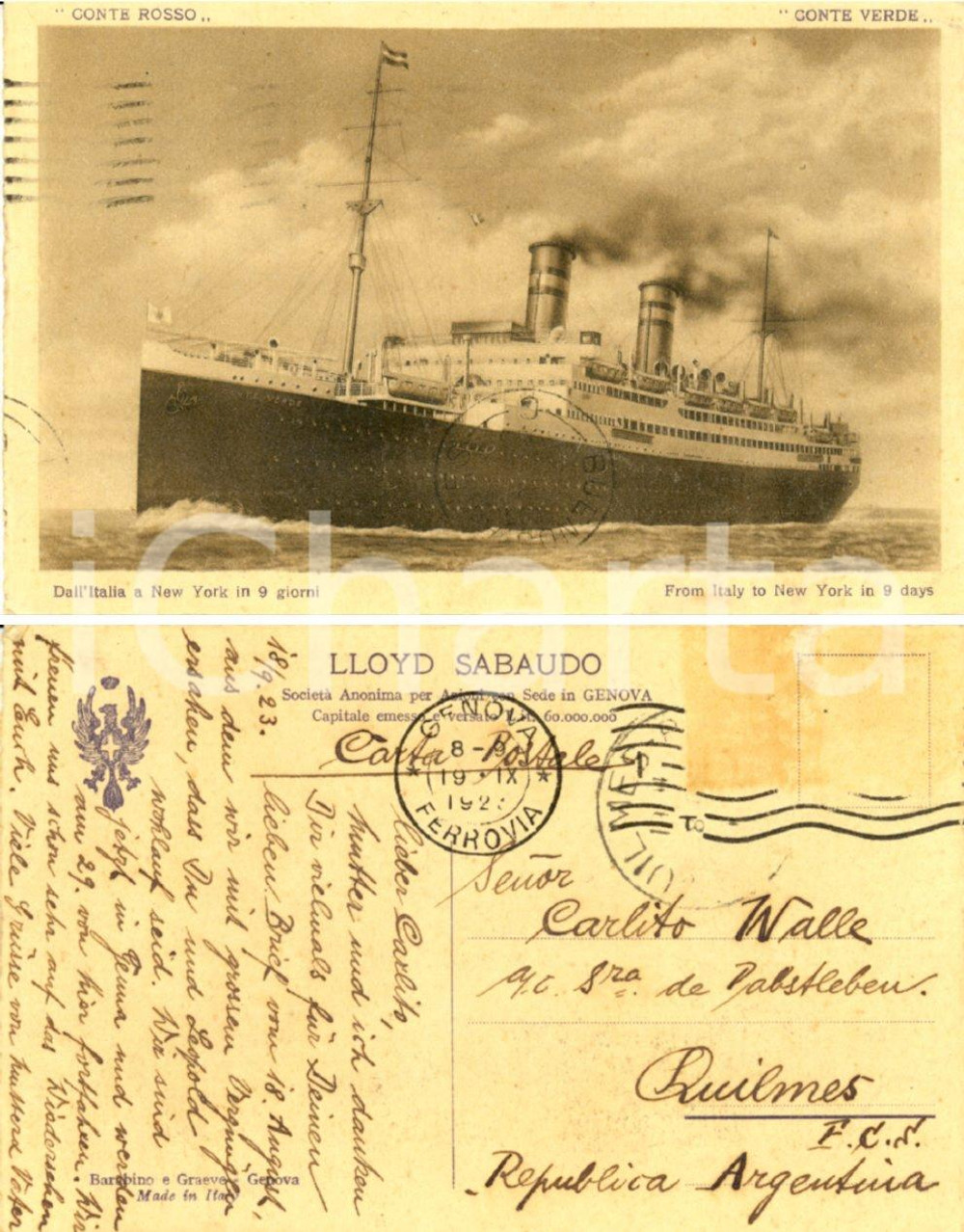 Cartolina originale da collezione 1923 GENOVA LLOYD SABAUDO Transatlantico CONTE VERDE *Cartolina FP VG 1