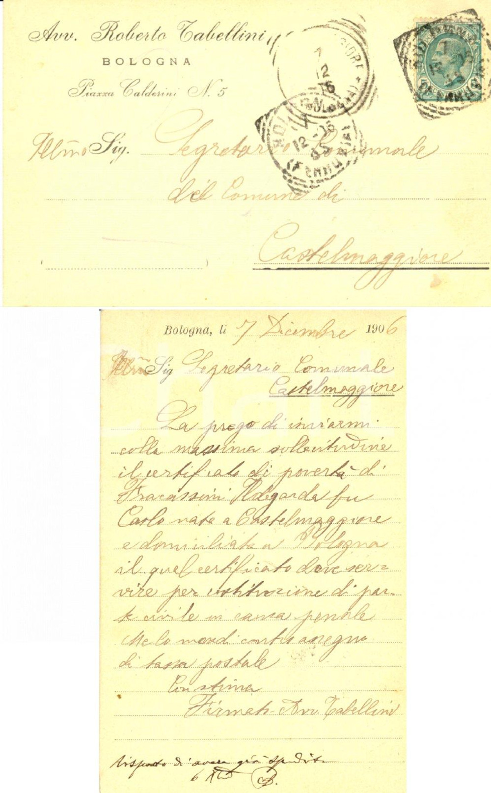Cartolina originale da collezione 1906 BOLOGNA Avv. Roberto TABELLINI su certificato povertÃ  *AUTOGRAFO FP VG 1