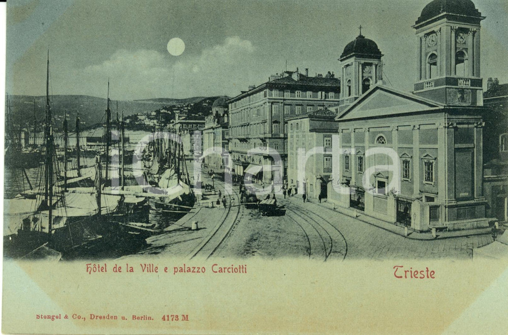 Cartolina originale da collezione 1900 ca TRIESTE HOTEL DE LA VILLE e Palazzo CARCIOTTI Cartolina ANIMATA FP NV 1