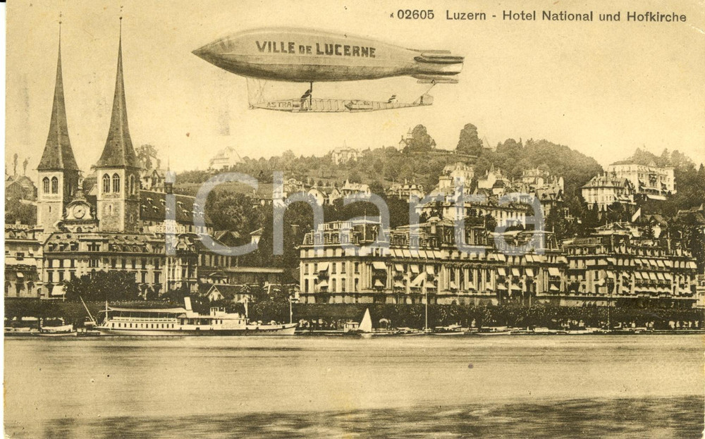 Cartolina originale da collezione 1923 LUCERNA SVIZZERA Veduta Hotel National e HOFKIRCHE DIRIGIBILE 1