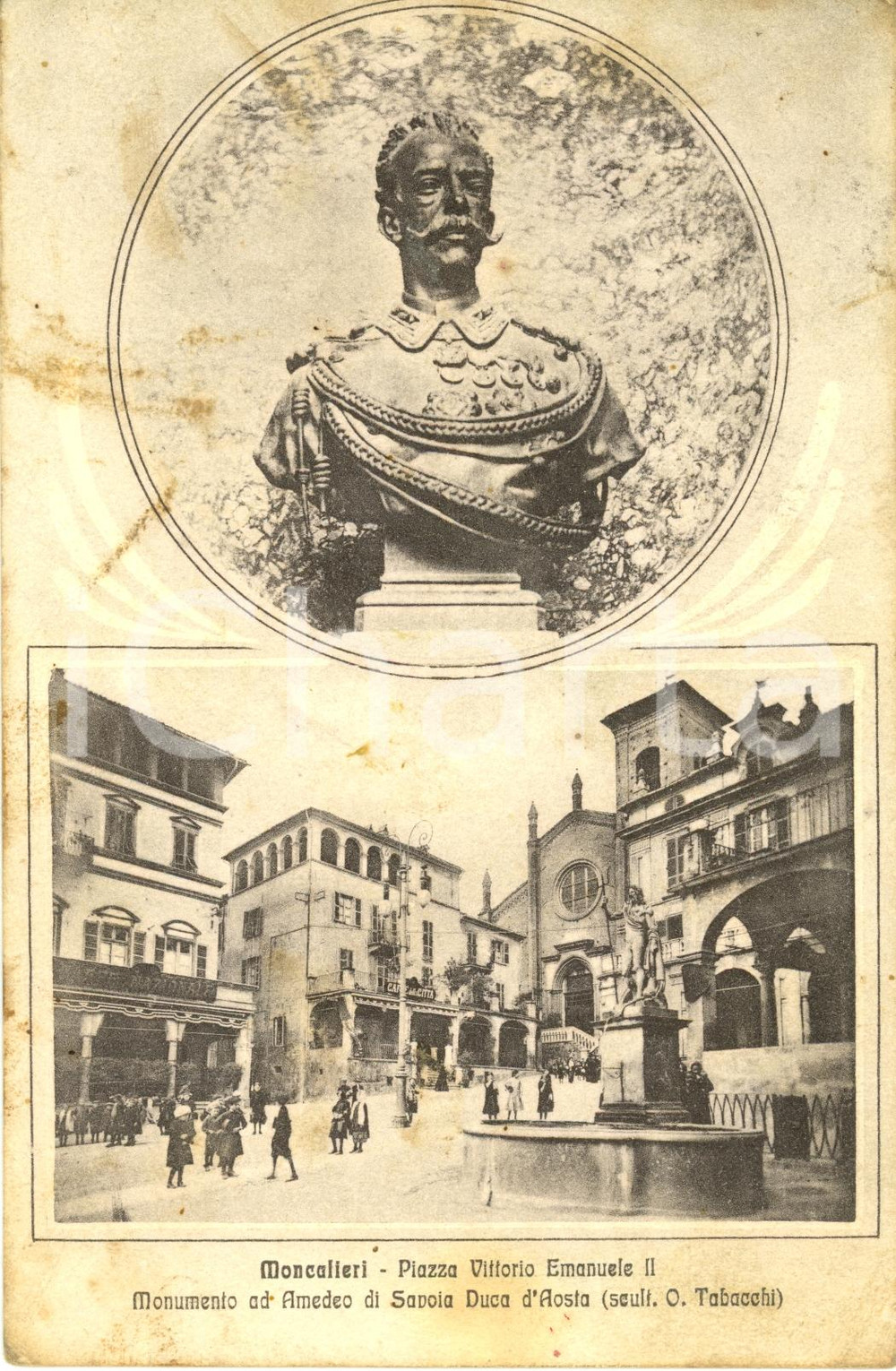 Cartolina originale da collezione 1915 MONCALIERI (TO) Piazza VITTORIO EMANUELE II monumento AMEDEO SAVOIA *FP VG 1