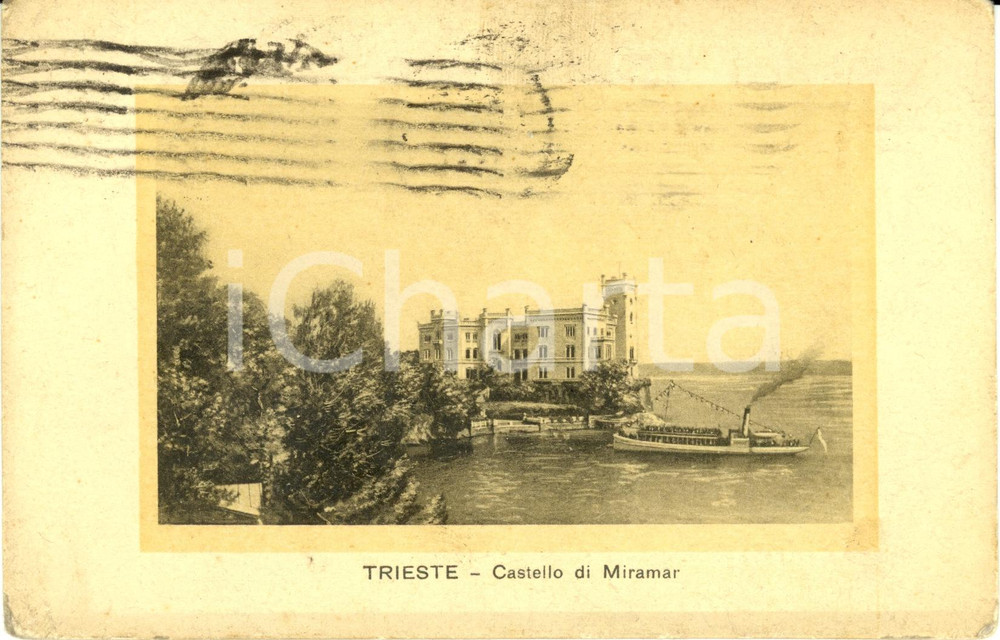 Cartolina originale da collezione 1921 TRIESTE Il castello di MIRAMARE con battello a vapore Cartolina FP VG 1