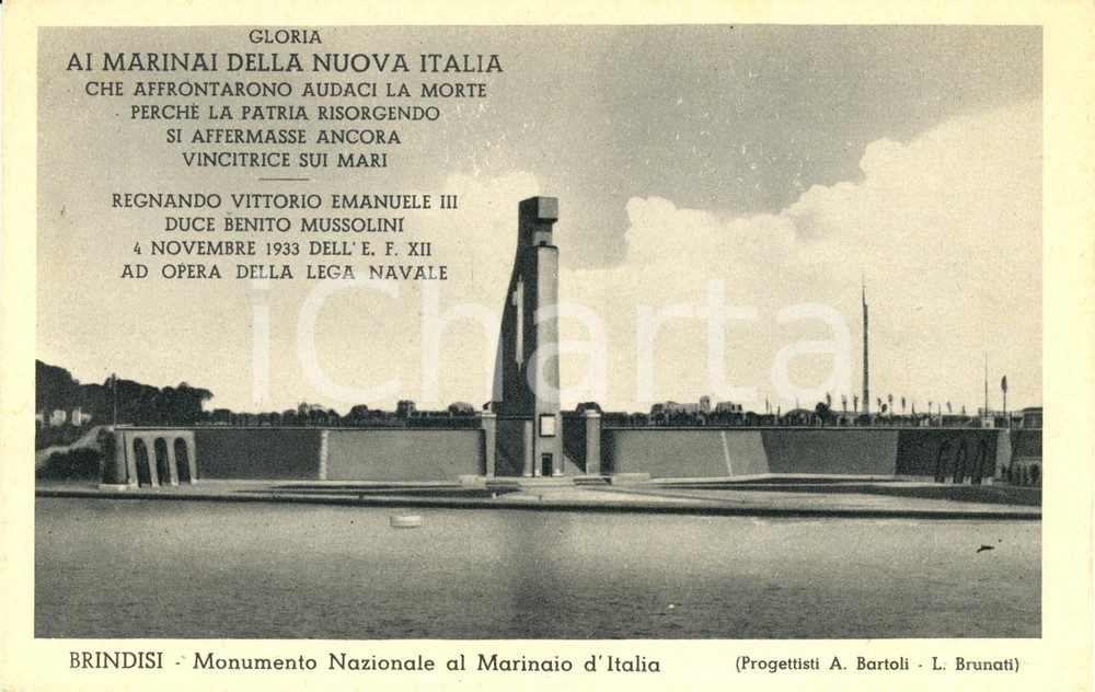 Cartolina originale da collezione 1933 BRINDISI Monumento marinaio d Italia BARTOLI  BRUNATTI Cartolina FP NV 1