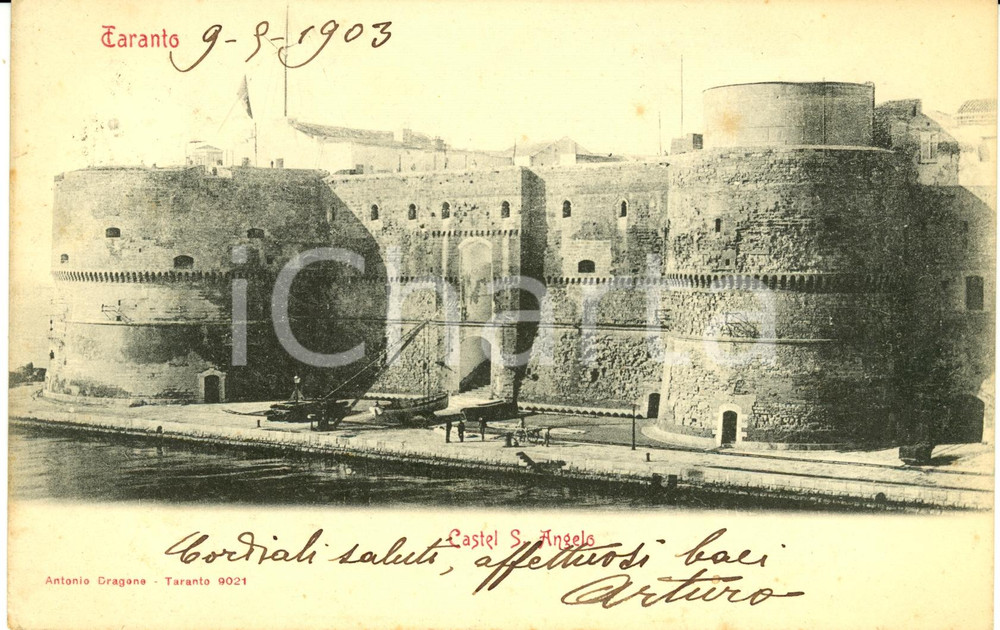 Cartolina originale da collezione 1903 TARANTO Esterno di CASTEL SANT ANGELO con barche Cartolina FP VG 1