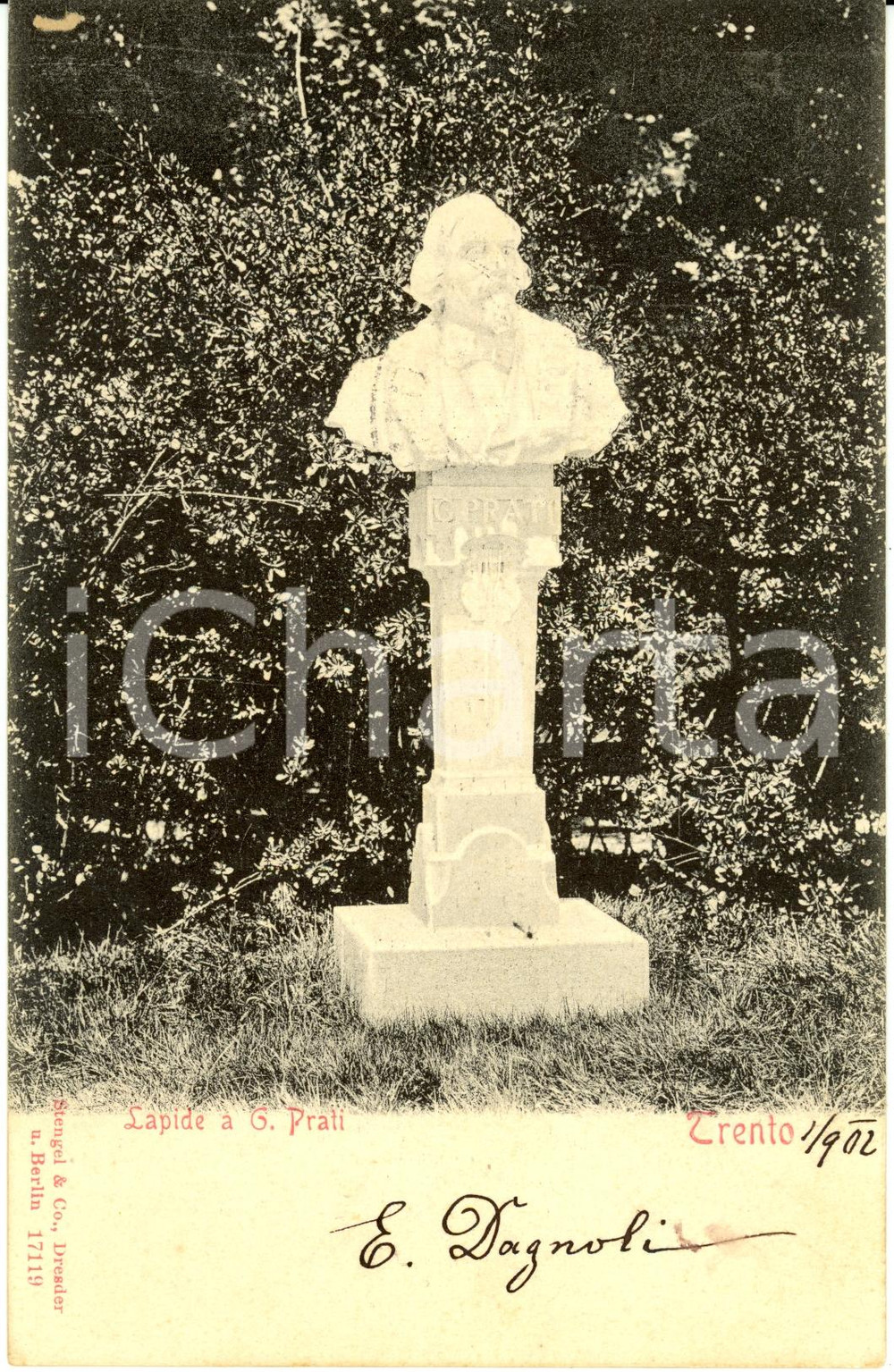 Cartolina originale da collezione 1902 TRENTO Busto di GIUSEPPE PRATI Cartolina postale FP VG 1