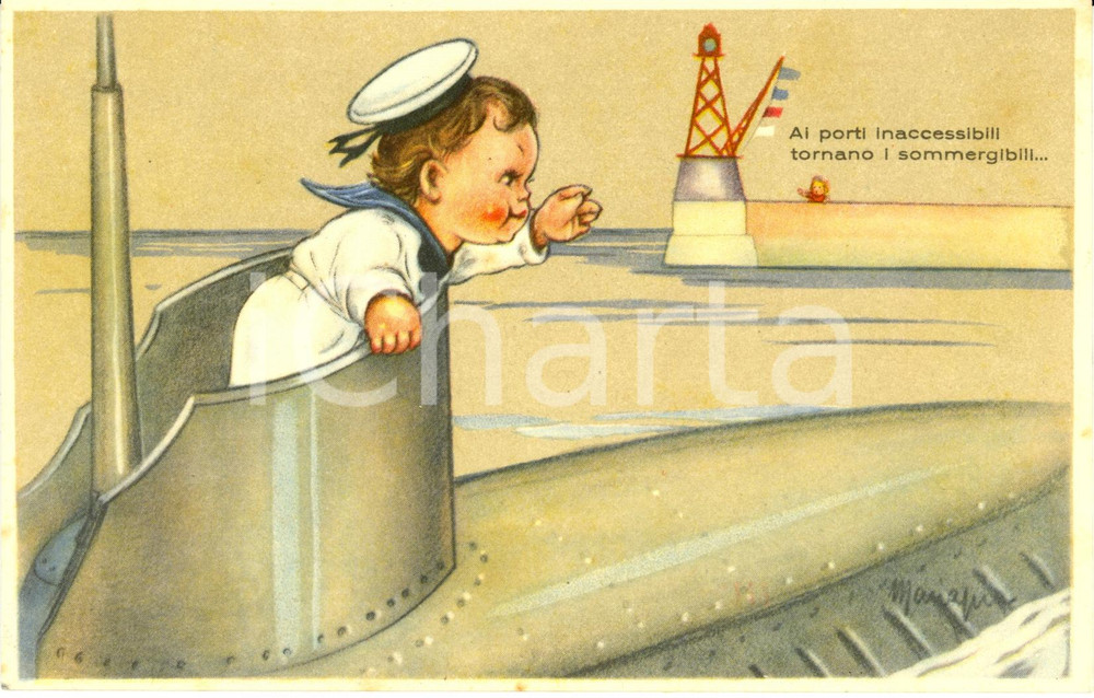 Cartolina originale da collezione 1942 SATIRA DI GUERRA Ai porti inaccessibili tornano i sommergibili *FRANZONI 1