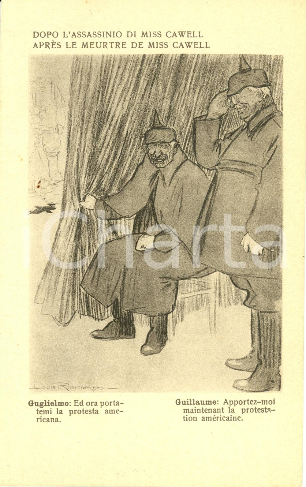 Cartolina originale da collezione 1917 WW1 SATIRA DI GUERRA GUGLIELMO II assassinio MISS CAWELL *Ill. RAEMAEKERS 1