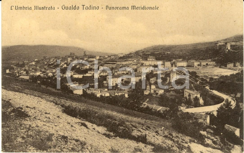 Cartolina originale da collezione 1920 ca GUALDO TADINO (PG) Panorama meridionale UMBRIA illustrata *FP NV 1