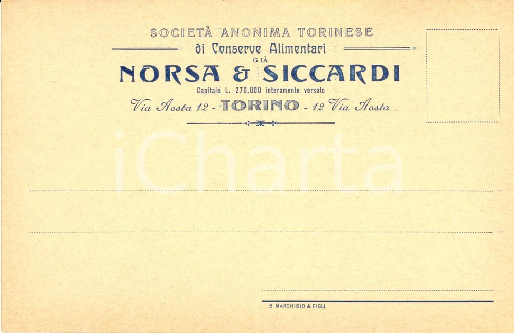 Cartolina originale da collezione 1930 ca TORINO SocietÃ  anonima conserve giÃ  NORSA & SICCARDI *Intestata FP NV 1