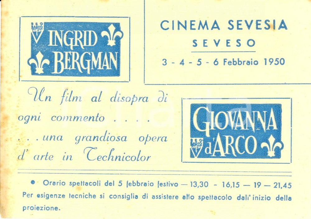 Cartolina originale da collezione 1950 SEVESO (MB) Cinema SEVESIA Ingrid BERGMAN 'Giovanna d'Arco' *Cartoncino FP 1
