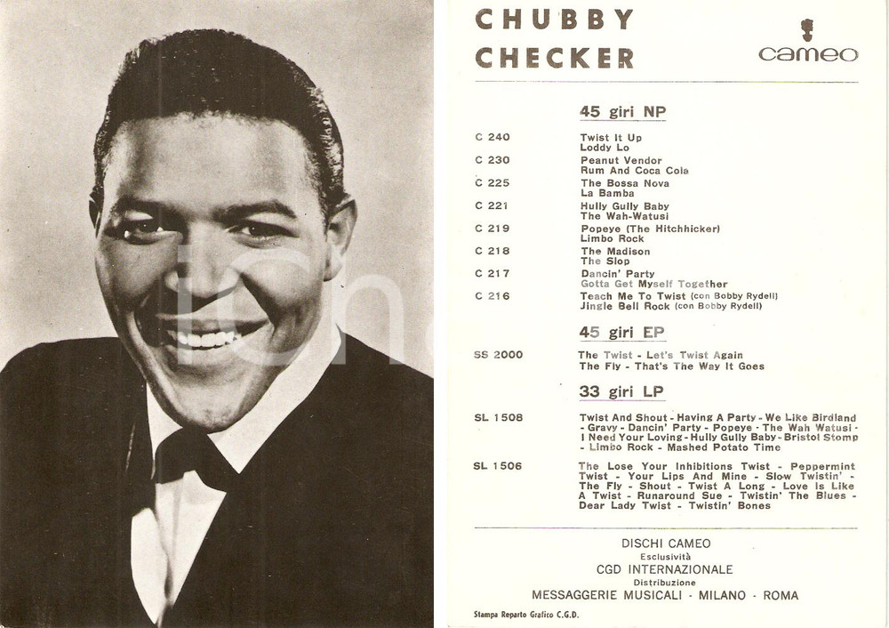 Cartolina originale da collezione 1960 ca MUSICA Chubby CHECKER Discografia Foto seriale DISCHI CAMEO 1