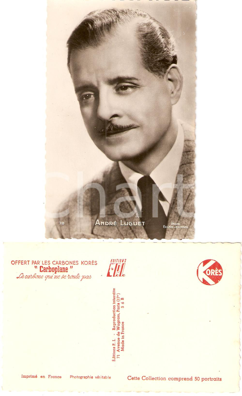 Cartolina originale da collezione 1955 ca KORES Carboplane AndrÃ© LUGUET Portrait *Cartolina FP NV 1