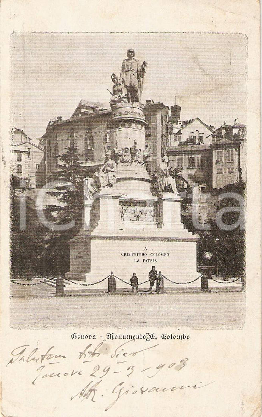 Cartolina originale da collezione 1903 GENOVA Monumento a Cristoforo COLOMBO *Cartolina ANIMATA FP VG 1