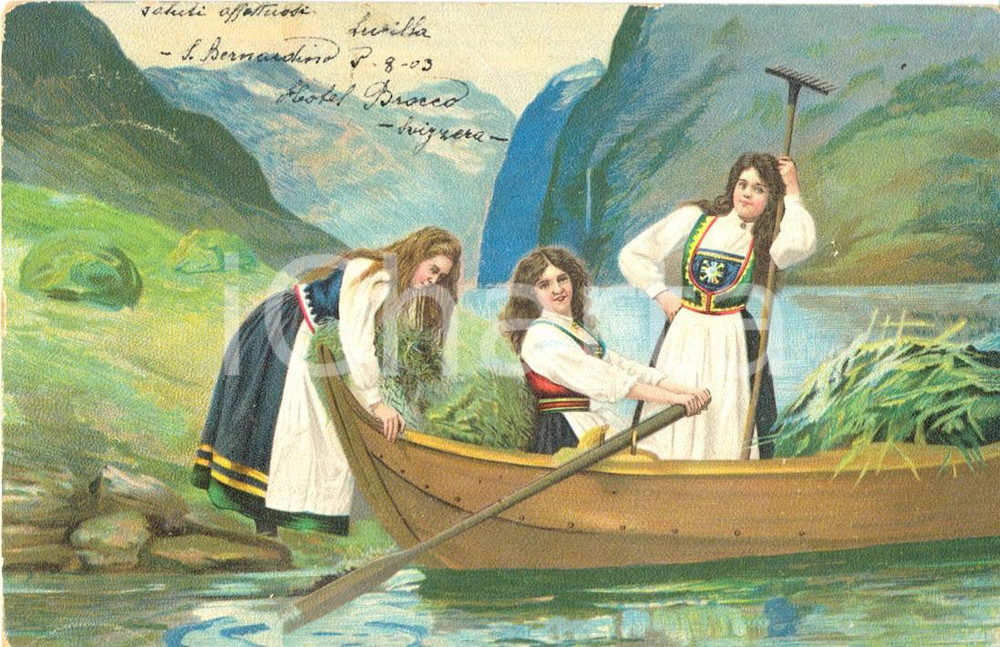 Cartolina originale da collezione 1903 MESOCCO SVIZZERA COSTUMI TICINESI Ragazze in barca Cartolina FP VG 1