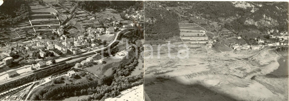 Cartolina originale da collezione 1963 LONGARONE (BL) VAL PIAVE Veduta prima e dopo disastro del VAJONT *Doppia NV 1