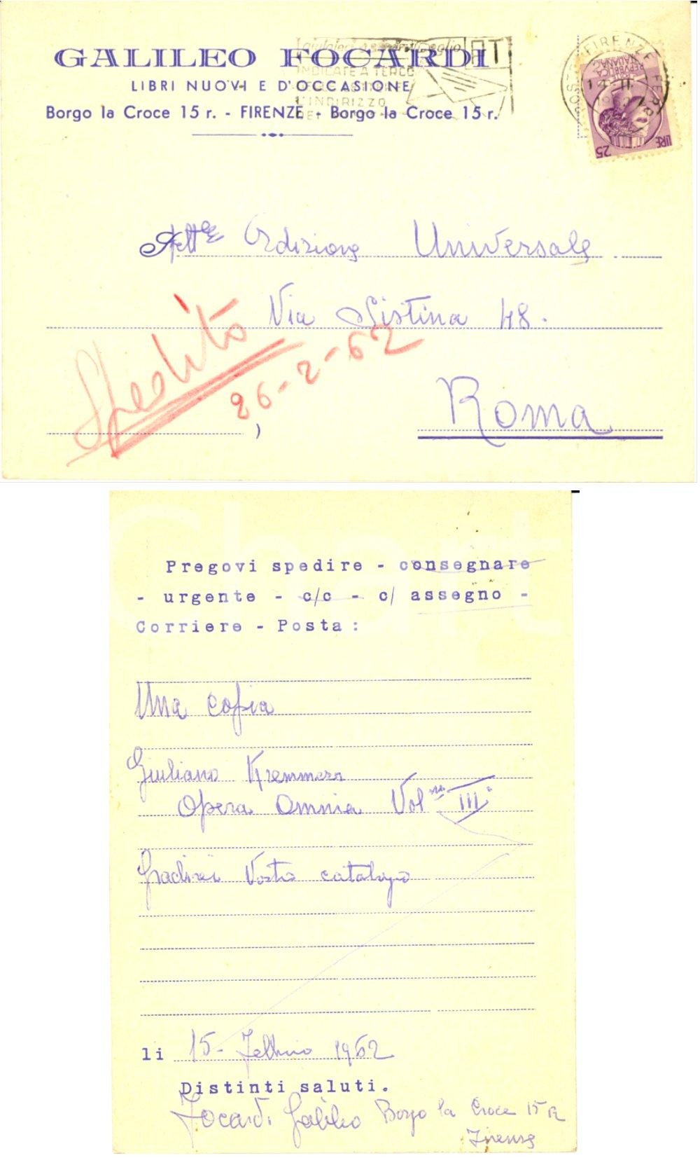 Cartolina originale da collezione 1962 FIRENZE Galileo FOCARDI richiede libro Giuliano KREMMERZ a UNIVERSALE FG 1